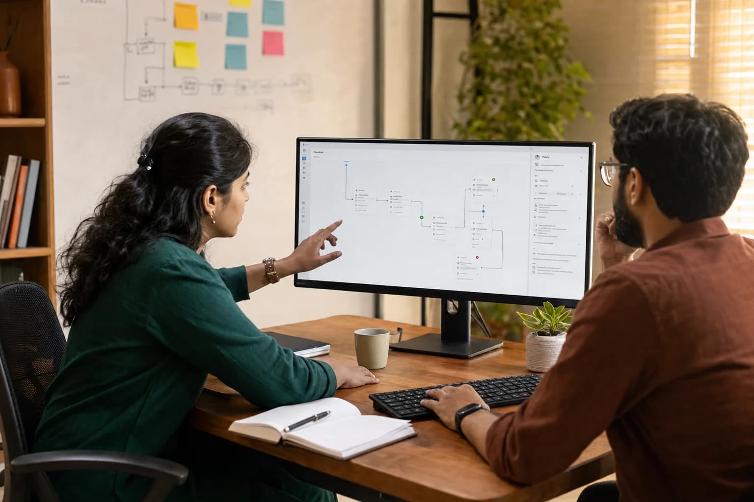 An Indian team reviewing a connected business automation workflow