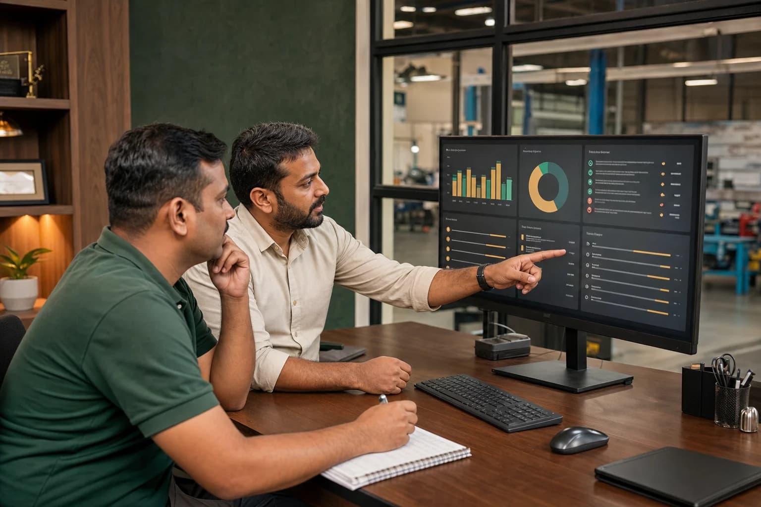 Indian automotive-service managers reviewing a custom operations dashboard