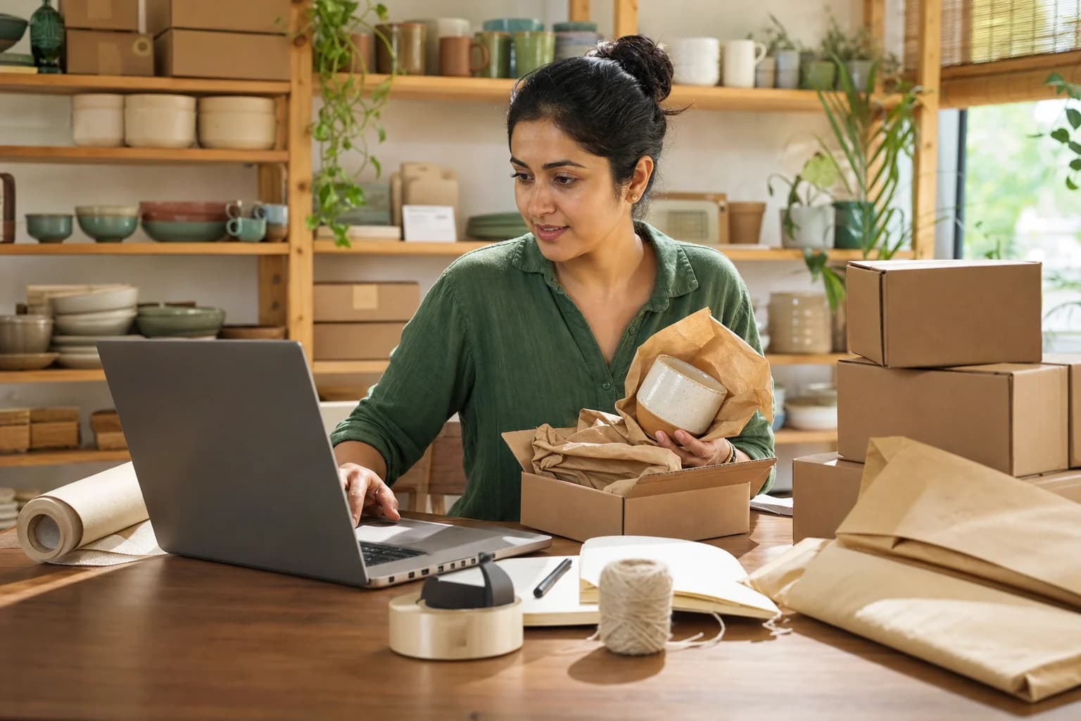 An Indian online-store owner packing a ceramic order while checking her laptop