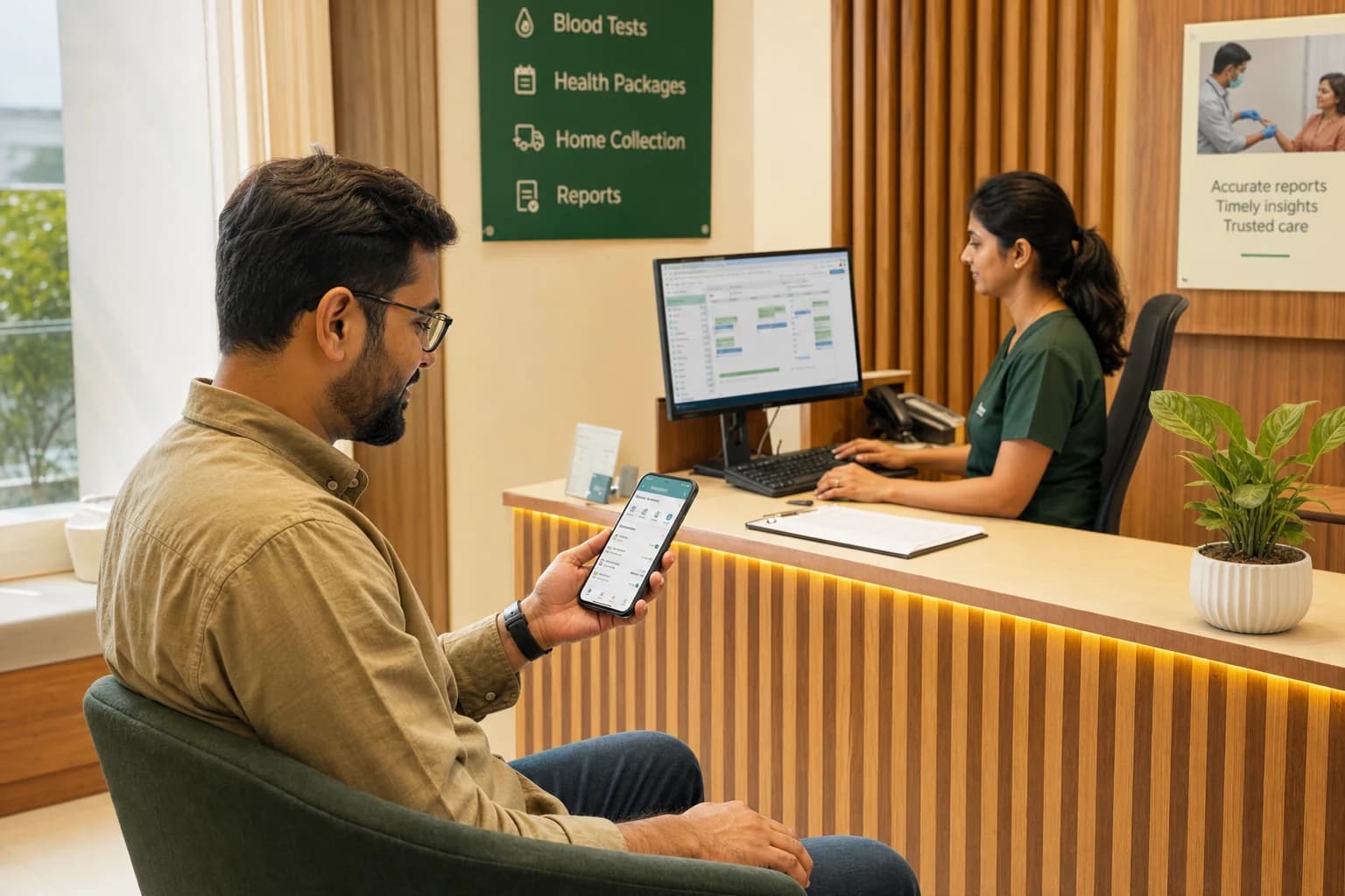 An Indian patient using a lab-booking app while reception manages appointments