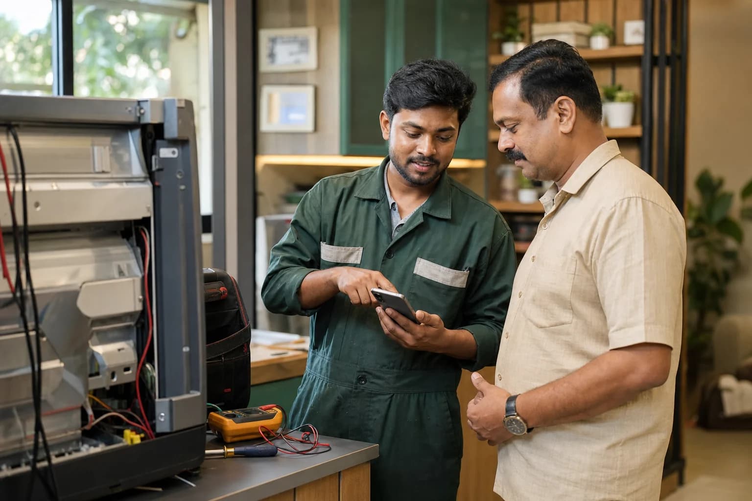 An Indian field technician confirming completed work with a customer
