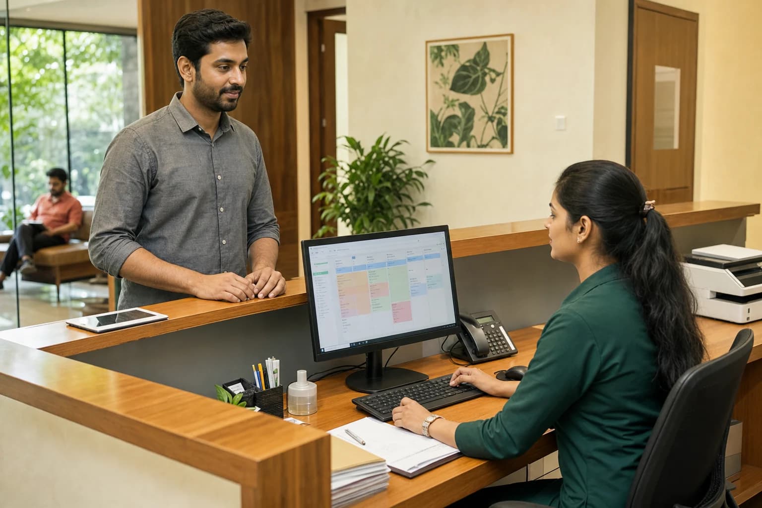 An Indian receptionist checking in a visitor at a professional front desk