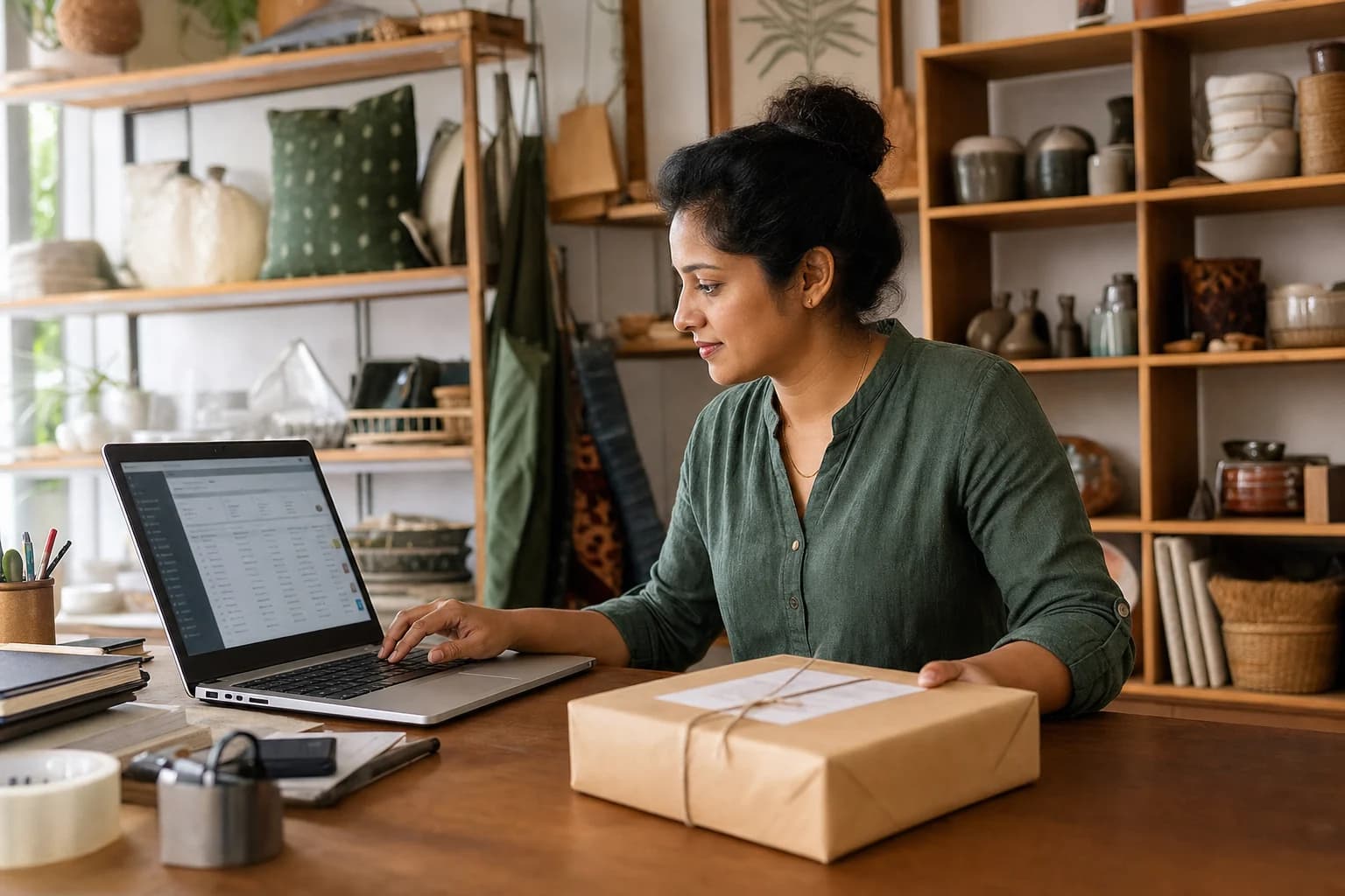 An Indian business owner processing an online order in her studio