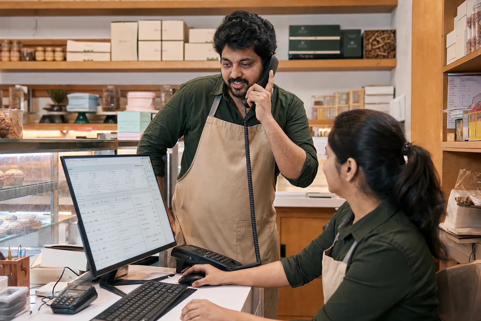 Indian bakery staff coordinating a customer order between phone and computer