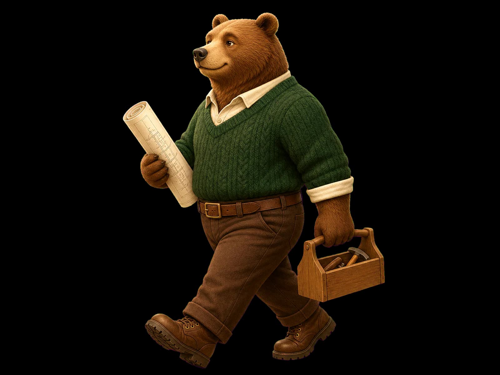 Bear builder walking with a blueprint and wooden toolbox