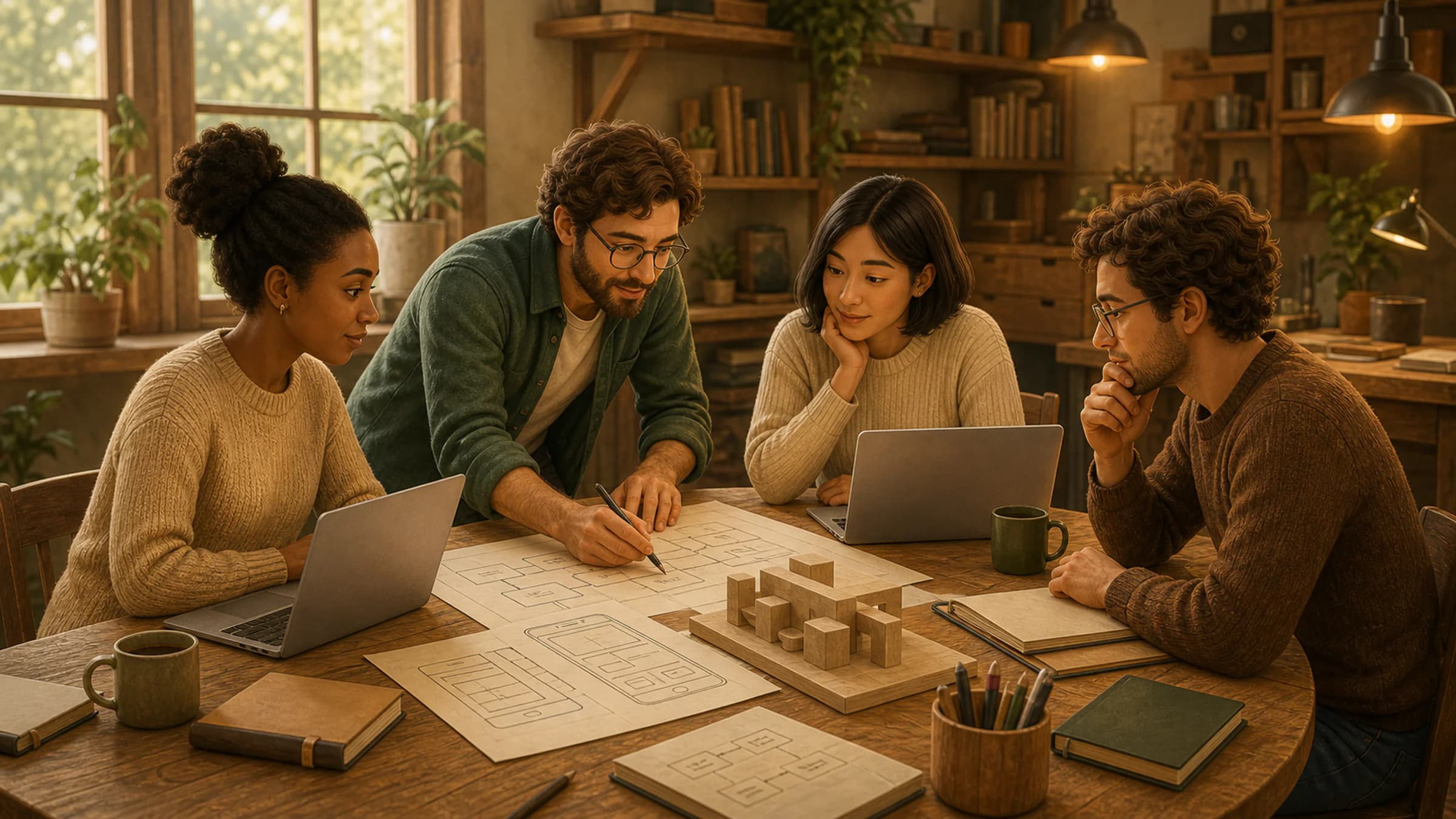 Illustration of a fictional software team collaborating in a warm studio workspace