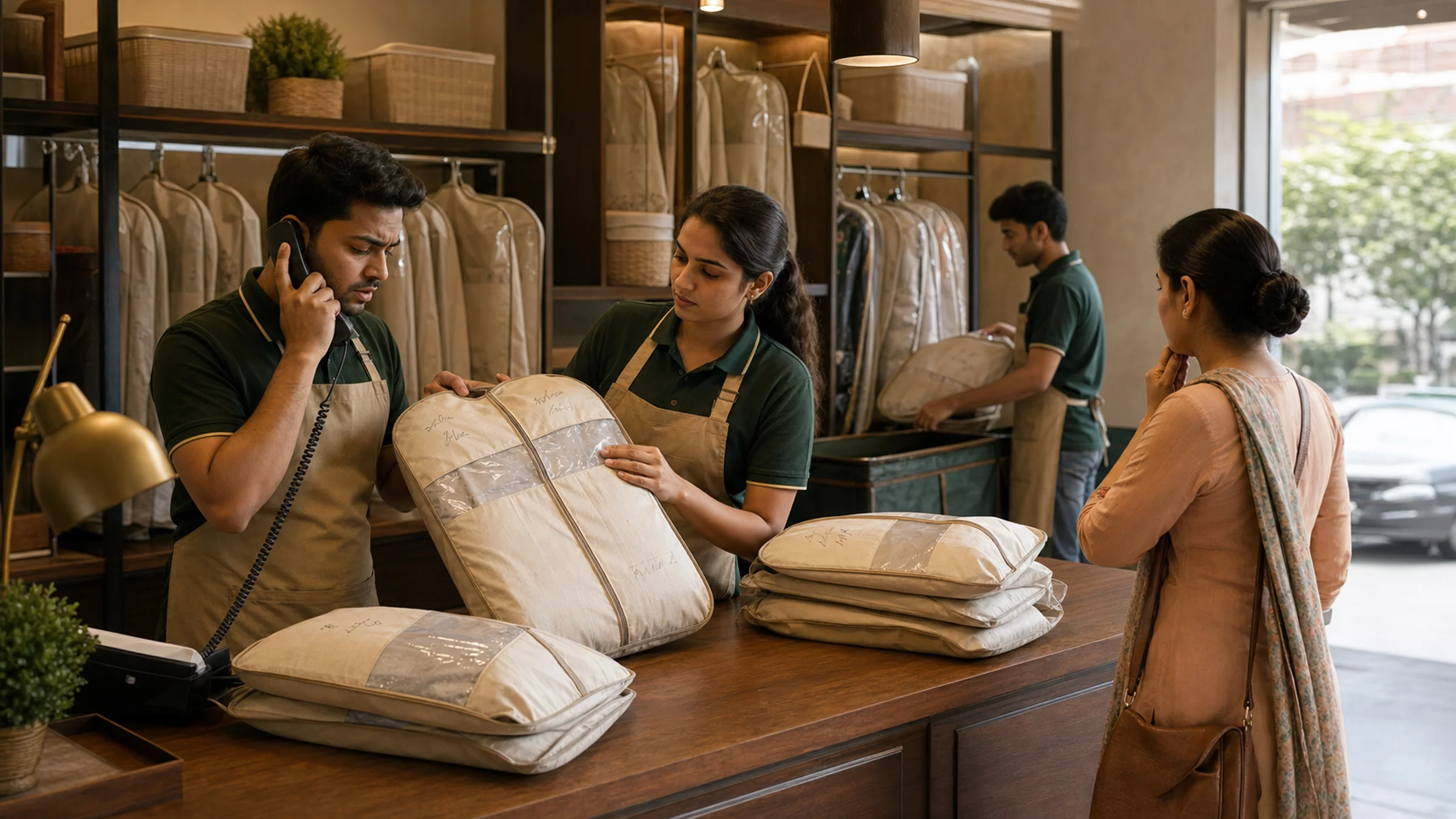 Laundry staff comparing similar garment bags while checking an order with another location