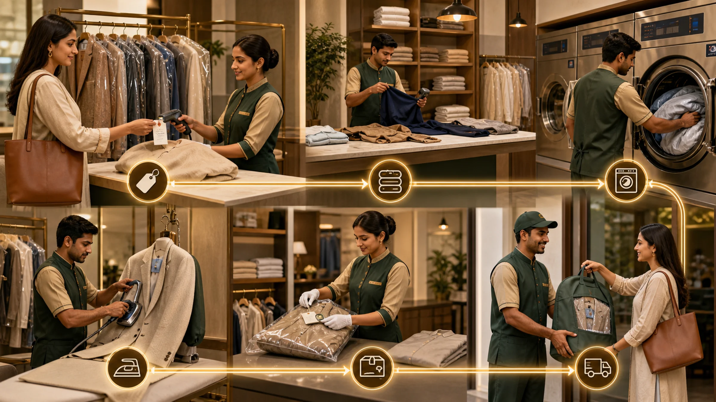 A garment order moving through connected sorting, cleaning, pressing, packaging, and delivery stages