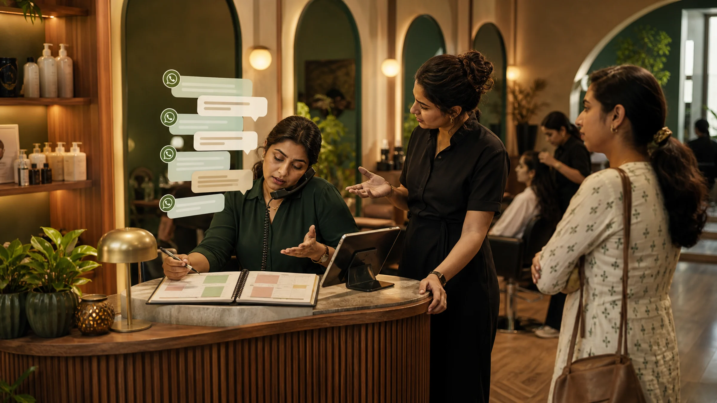 A salon receptionist juggling phone enquiries, appointment notes, a waiting client, and a stylist's question