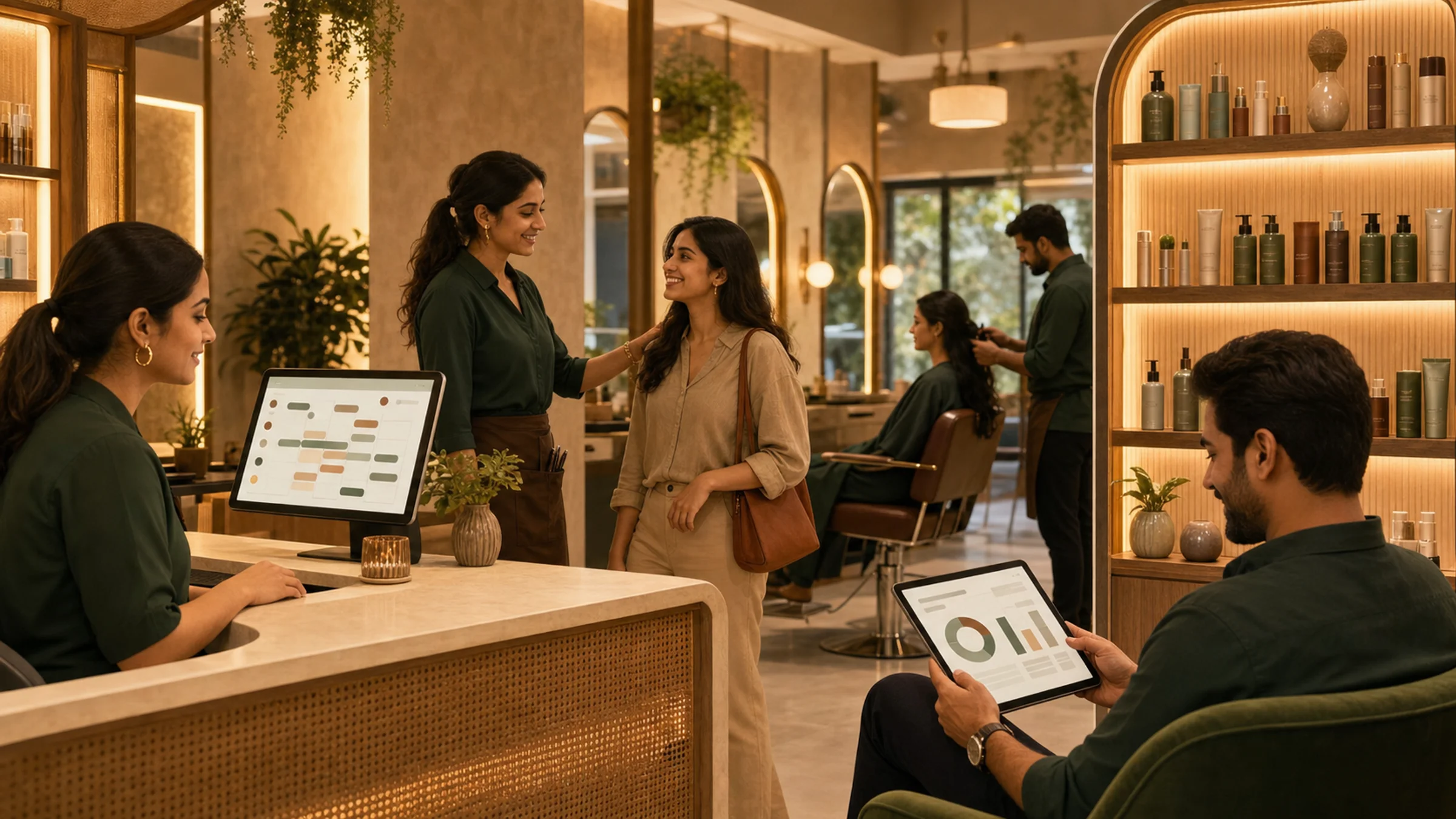 A calm salon where the receptionist, stylist, and owner share a clear view of the day