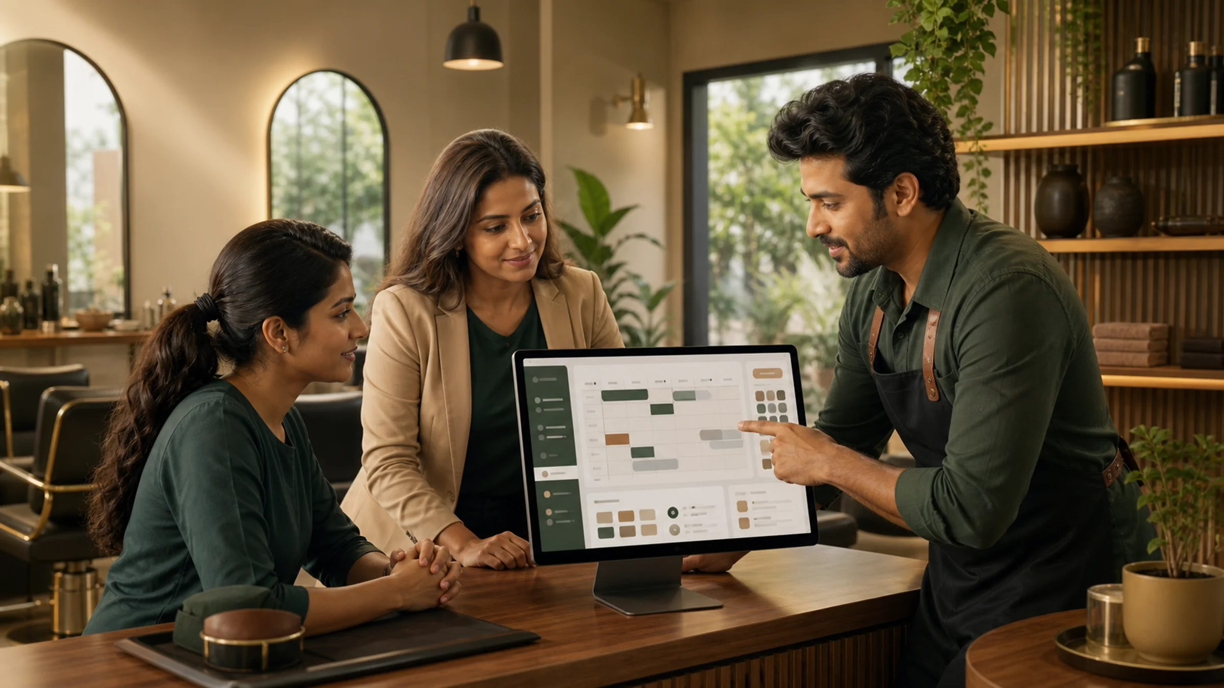 A salon team reviewing a shared scheduling and client-workflow screen