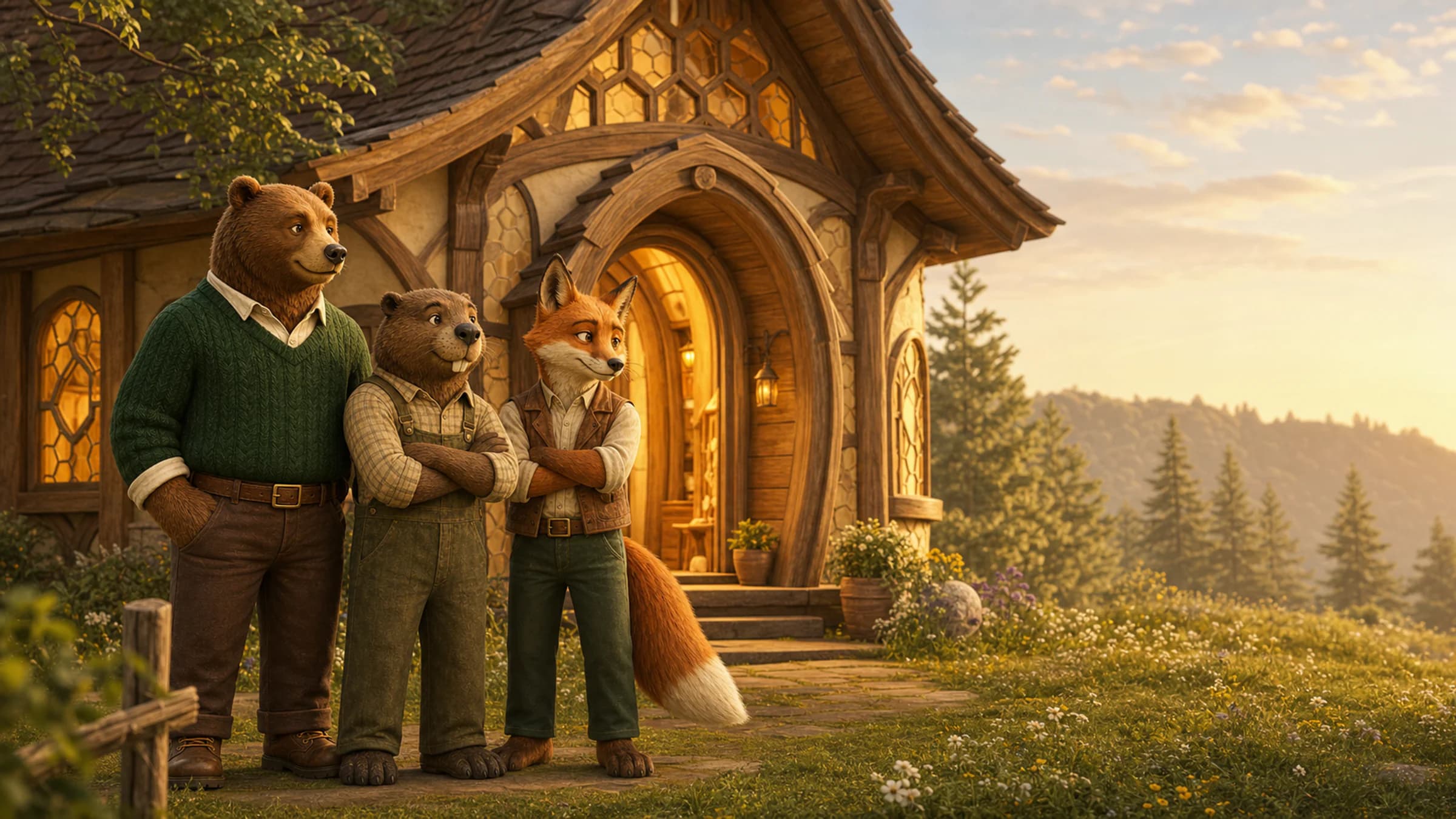 Bear and woodland engineers standing proudly beside their completed honey house