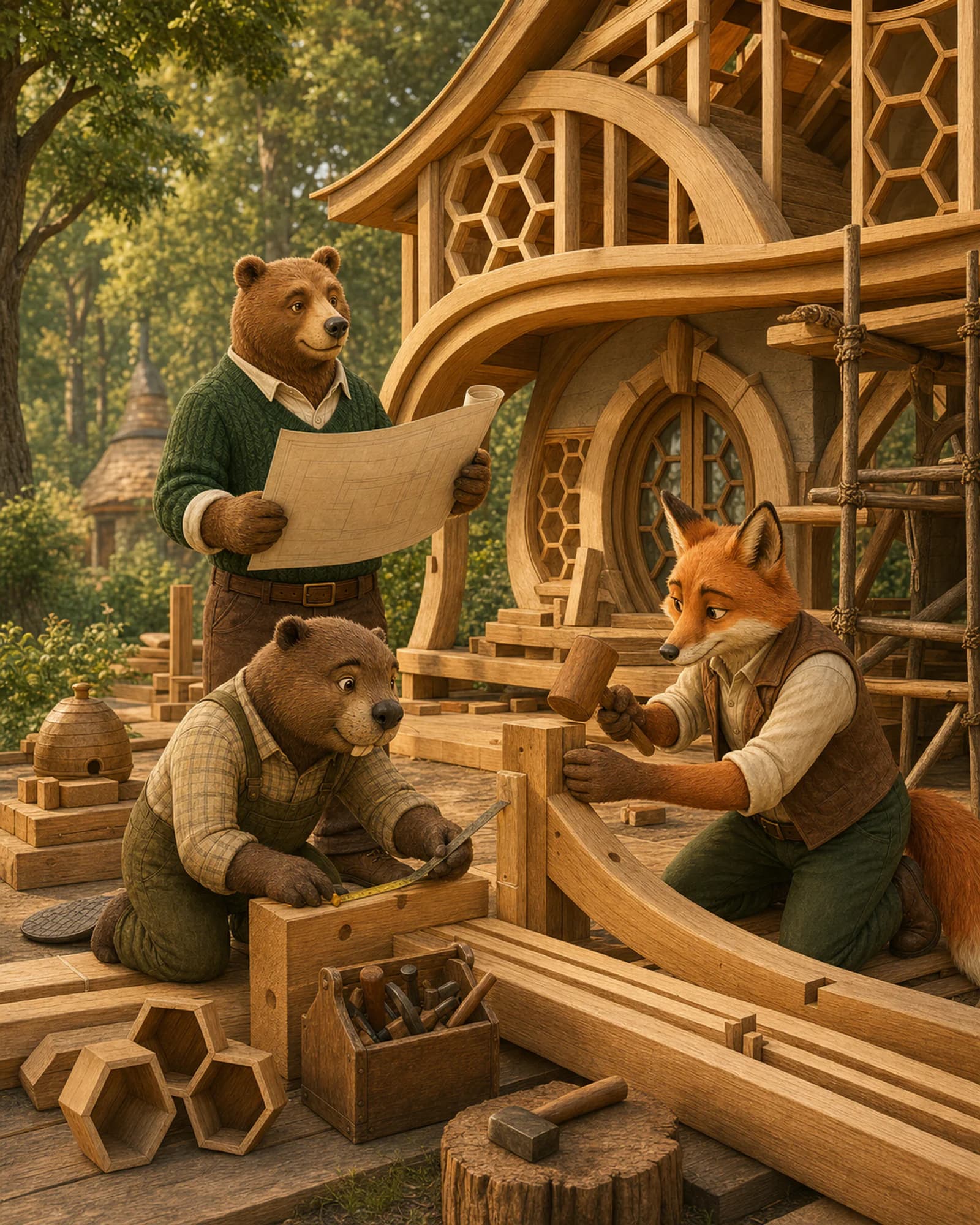 Woodland engineers building a honey-inspired house while the bear reviews the plan